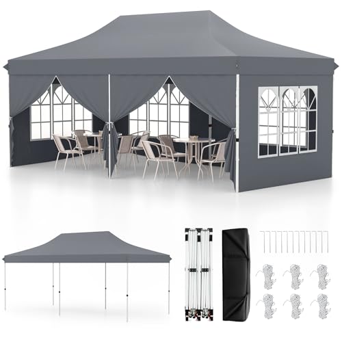 COSTWAY Tonnelle de Jardin 3x6M avec 6 Parois Latérales Amovibles, Tente de Reception Escamotable avec Sac de Transport 6 Sacs de Sable, Tonnelle Instantanée...