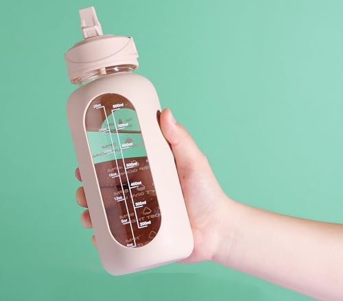 Image of CIVAGO 32 oz Glass Water Bottle with Straw and Handle, Large Sports Motivational Water Bottle Flask with Time Marker and 2 Lids, Leakproof Water Jug Canteen with Silicone Sleeve for Gym,Beige