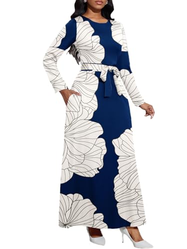 Image of Maxi Dresses for Women Casual Long Sleeve Crewneck Floor Length Dress | Floral Print,Swing,Soft Fabric,with Belt and Pockets