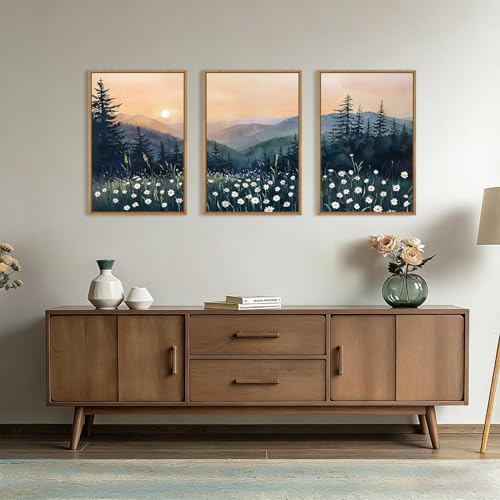 Image of KAIRNE Mountain Floral Landscape Framed Canvas Wall Art Set,Watercolor Forest Wall Decor,Misty Pine Tree Art Prints,Nature Sunset Scenery Artwork for Living Room,Bedroom,Farmhouse,Office-16 x24 x3