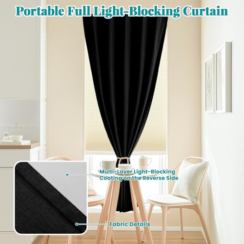 Image of 100% Blackout Self Adhesive Portable Curtains for Bedroom Easy to Install Window Thermal Lnsulated Kitchen Room Darkening Small Window Curtains, Cortinas Para Cuarto, W35 x L80 inch, 1 Panel, Black