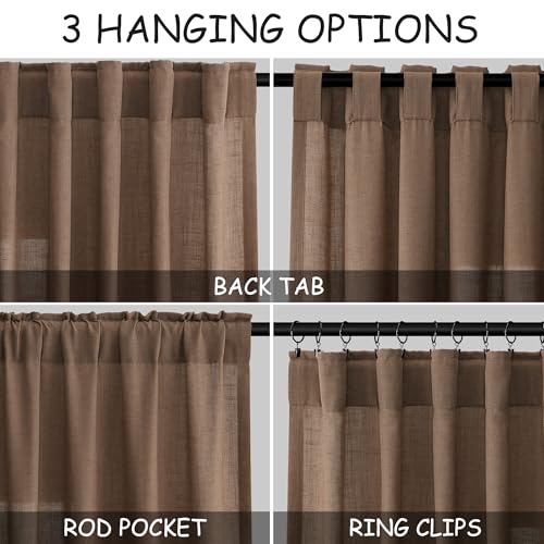 Image of Caramel Brown Linen Curtains 84 Inches Long for Bedroom Back Tab Light Filtering Privacy Semi Sheer Curtains Modern Farmhouse Decor Cotton Textured Curtain for Living Room 2 Panels Set 52x84 Inch