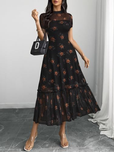 Image of GothDark Women's Summer Floral Mesh Ruffle Dress Short Sleeve Round Neck Waist Cinched Casual Maxi Wedding Guest Dresses