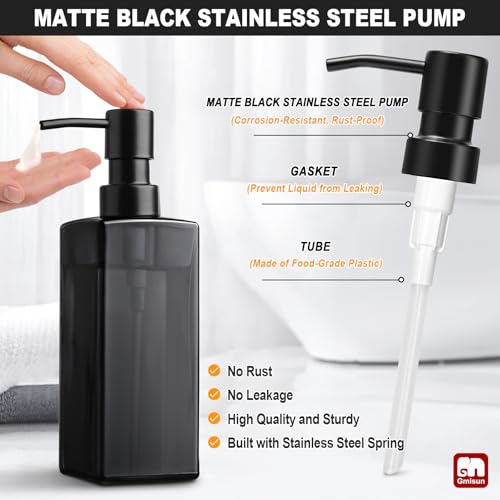 Image of GMISUN Black Glass Soap Dispenser, Hand Soap Dispenser with Stainless Steel Pump for Bathroom, 12 fl oz /350ml Refillable Dish Dispensers for Kitchen, Modern Liquid Lotion Bottles for Countertop