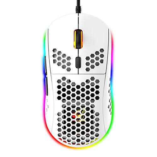 RGB Honeycomb Lightweight Gaming Mouse, 6 Programmable Buttons, 6 RGB Backlight Modes & 6400 DPI Adjustable, USB Wired, Plug & Play, Compatible with Windows, Mac, Laptop, PS4, XBox – White