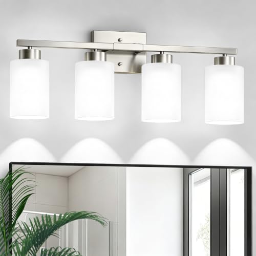 Image of IZORRO Bathroom Light Fixtures, Modern Vanity Lights, Bathroom Lighting Fixtures Over Mirror with Milky White Shade, Wall Sconce for Living Room Cabinet Bedroom (Brushed Nickel, 4-Light)