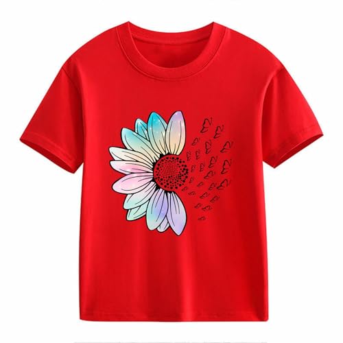 Girls Loose Fit Sunflower Graphic T Shirts Short Sleeve Crewneck Cute Pattern Printed Tops Kids (A-Red, 8-9 Years)2