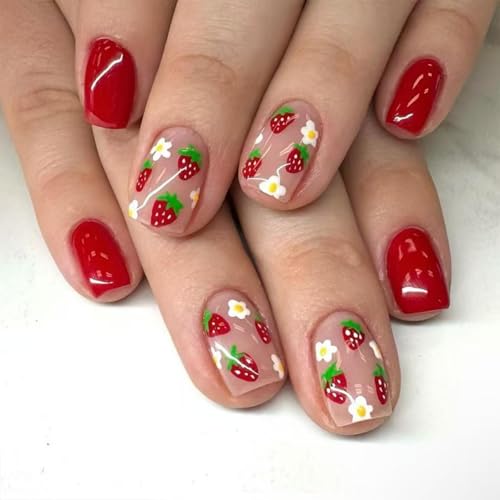 Image of Red Press on Nails Strawberry Fake Nails Short Square False Nails with Design Nude Glue on Nails Acrylic Full Cover Glossy Stick on Nails for Women Girls Spring Manicure 24Pcs