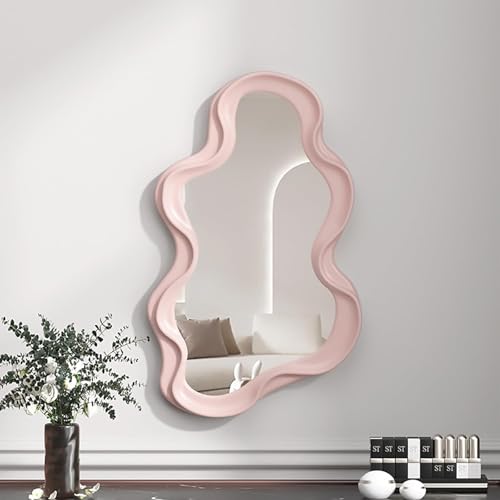 JNTFNE Moderno espejo asimétrico de nube, decoración de pared irregular, espejo montado en la pared hecho a mano para sala de estar, dormitorio, baño y entrada, color rosa
