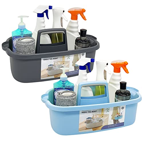 Goderewild 2 Pack Multi-Purpose Plastic Cleaning Caddy with Handle, Shower Caddy Organizer/Storage Basket/Totes Portable for Bathroom Supplies, Cleaning Products, Under Sink Tool. (blue+grey)