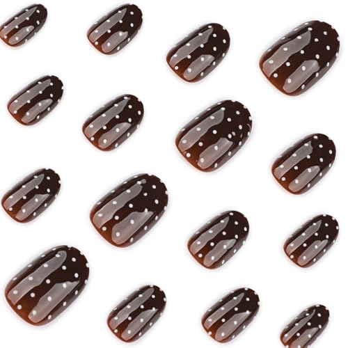 Image of Polka Dots Press on Nails Dark Brown Fake Nails Fall Nail Press ons Short Almond False Nail with Design Reusable Artificial Acrylic Glossy Full Cover Glue on Nails for Women Girls Manicure 24Pcs
