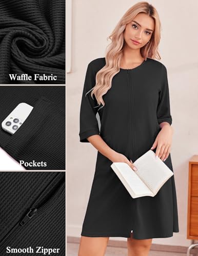 Ekouaer Zip Up Robes for Women Short Waffle Bathrobe Lightweight Knee Length Housecoat with Pockets Nightgown S-3XL2