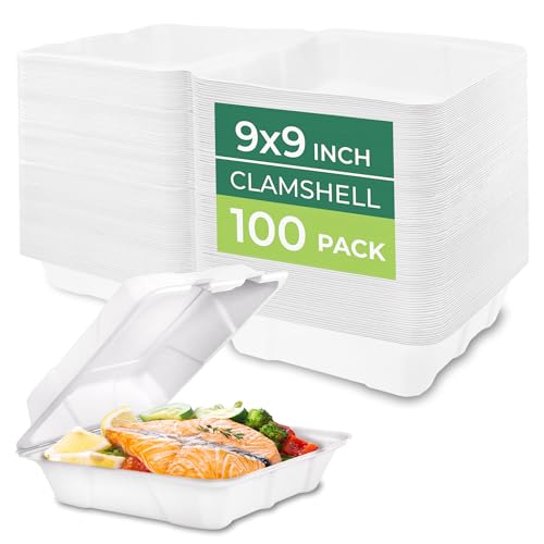 Freshware Clamshell Food Containers with Lids [9x9 100-Pack] Disposable To Go Containers, Biodegradable Sugarcane To Go Boxes - Paper Food Container - Microwave & Freezer Safe, Stackable