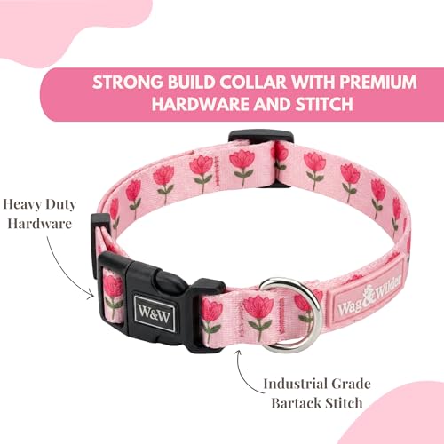 Image of Wag and Wilder Dog Collar and Leash Set Medium for Beagle, Pit Bull Terrier & Boxer - Heavy Duty Adjustable Collar & 5 FT Leash Combo, Jaipur Bloom Pink