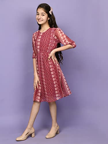 Image of LILPICKS Girls All Over Aztec Printed Long Sleeve Fit n Flare Dress (Pink)