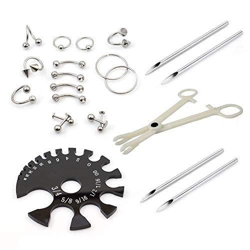 EG GIFTS 22 Parts Piercing Kit Forceps Needles and Gauge Measurement Tool