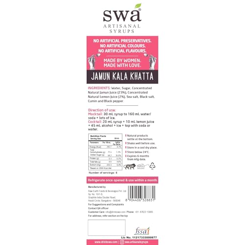 Image of Swa Artisanal Syrups Jamun Kala Khatta 250Ml Liquid, 100% Natural, Makes 10-15 Drinks, Perfect For Cocktails /Mocktails /Lemonades /Ice Gola /Craft Coffees