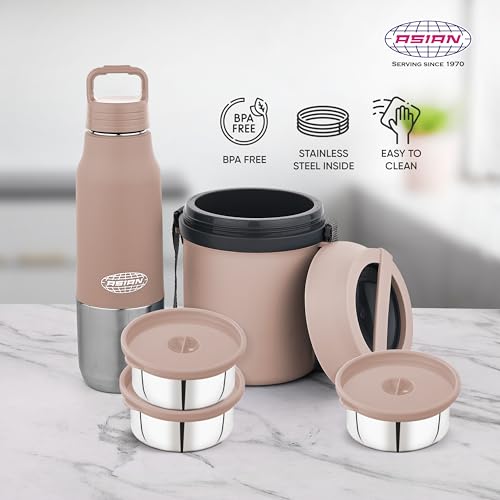 Image of ASIAN Stainless Steel Lunch Box (700ml) & Insulated Water Bottle (500ml) Combo Gift Set | Leakproof Steel Tiffin & Flask for Kids | BPA Free Back to School Essential Kit (Brown)