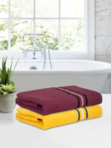 Image of Cortina 480 GSM Ultra Soft, Super Absorbent, Antibacterial Treatment, 100% Cotton Large Bath Towel, 70 cms x 140 cms (Maroon /Yellow, Set of 2)