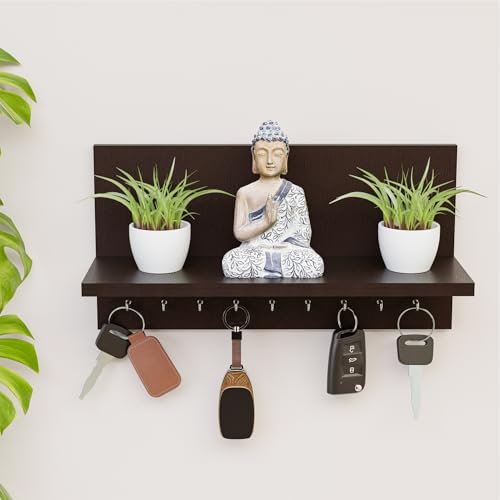 Image of Kuber Industries Mdf Wooden Keychain Holder for Wall With 9 Hooks and Display Shelf Organizer | Key Holder for Home Decor Stylish | Modern Key Stand | Brown