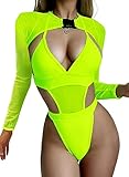EVELUST Rave Outfits für Damen - Festival Neon Body Crop Oberteil Lange Badeanzüge Mesh Shrug mit Schnalle Club Party 2 Stü(Green,S-2,1017w)