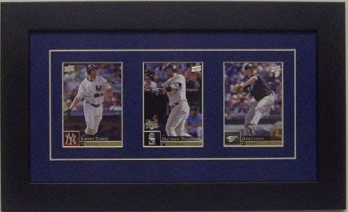 Trading Card Frame for 3 Trading Cards with Dark Blue (White Trim) Matting and Black Frame