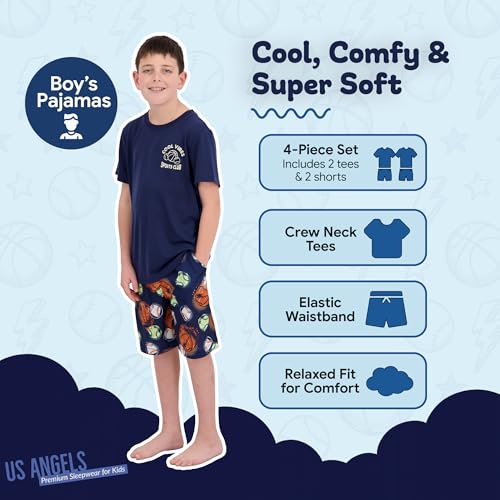 Image of US Angels Pajamas Set for Boys, 4-Piece Set, Short Sleeve Shirt with Pajama Shorts
