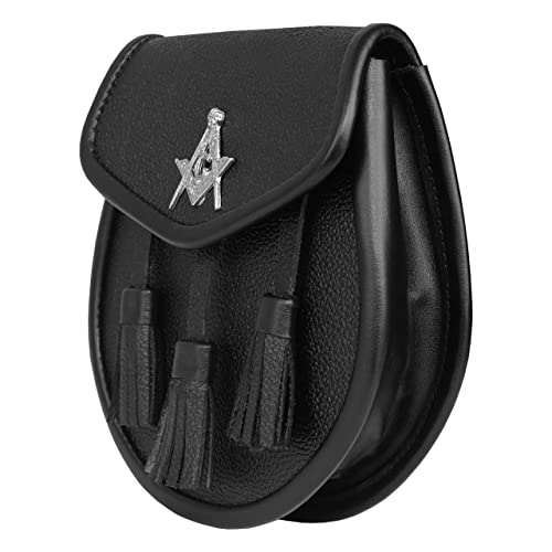 Image of Scottish Original Leather Sporran with Leather Belt & Chain (Black Leather Masonic Sporran)