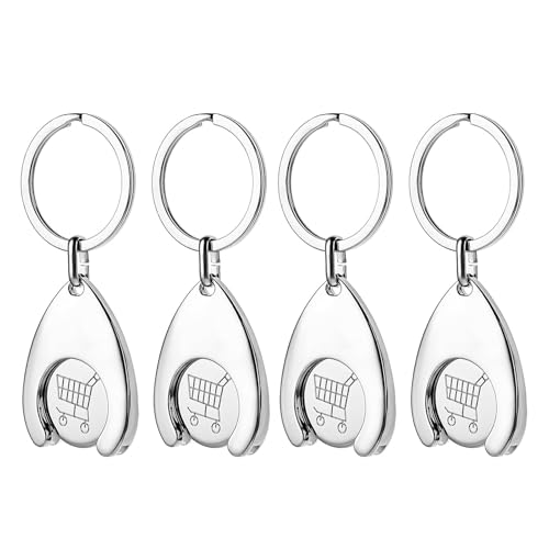BYTLEOUTJ 4 Pcs Portable Shopping Trolley Tokens, Keyring Stainless Steel Quarter Holder Keychain Mini Aluminum Alloy Key Ring Unlock Release Key for Grocery Shopping Cart