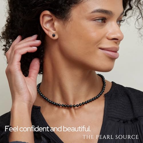 The Pearl Source 6.0-6.5mm Black Akoya Japanese Pearl Necklace for Women - 14k Gold Pearl Strand Necklace | 18in Long Pearl Necklace with Genuine Cultured Pearls