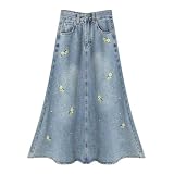 Women's Casual Vintage Denim Long Skirt, Flower Embroidered Denim Half Skirt, Women's Long A-line Blue Skirt (L,Blue)
