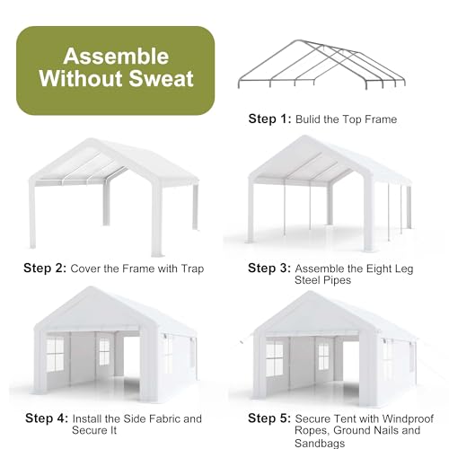 10x20ft Carport Heavy Duty, Portable Garage with 4 Doors + 4 Window, Upgraded Carport with Reinforced Steel Poles, Uv Resistant Waterproof Tarp, Portable Carport for Car, Truck, Boat
