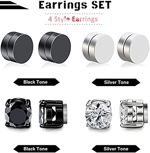 4 Pairs Stainless Steel Magnetic Stud Earrings for Men Women Non Piercing Clip on CZ Earrings 6MM4