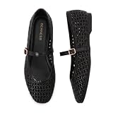 Berness Mary Jane Flats for Women, Woven Mesh Square Toe Ballet Flats Black