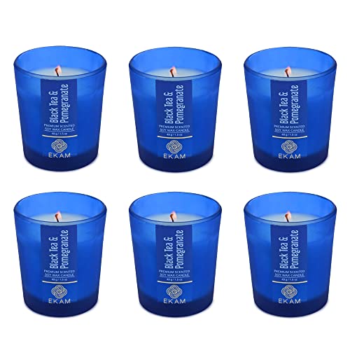 Image of EKAM Black Tea & Pomegranate Votive Soy Wax Scented Candle, 40 Grams, 10 Hours Burn Time| Long Lasting Premium Candles | Ideal for Home Decor | Gifting & Aromatherapy (Pack of 6)