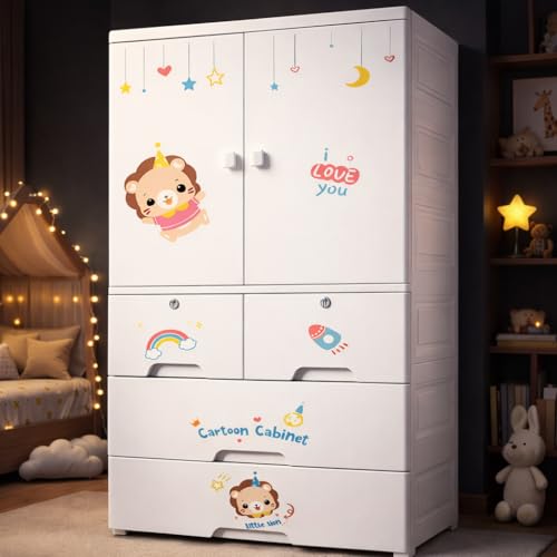 Image of AYSIS Kids Plastic Collapsible Wardrobe Organizer for Storage with Drawers | Cute Cartoon Design | Heavy Duty Cloth Organizer for Storage | Easy to Assemble | Perfect for Kids Room & Home | Lionwhite