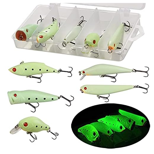 Glow Fishing Lures Bait Kit Luminous VIB Popper Crank Minnow Pencil Hard Bait with Treble Hook Night Fishing Bait Tackle Box (5pcs)