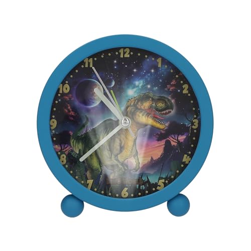 Depesche 13313 Dino World Galaxy - Wecker in Blau für Kinder, mit Dinosaurier Motiv, lautlose Uhr mit Licht-Funktion, inklusive Batterie