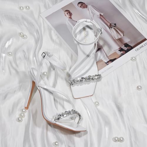 Image of Elisabet Tang Women's Crystal Stilettos Heeled Sandals, 4 Inch Square Open Toe Strappy Sexy High Heels Ankle Strap Buckle Heels for Party Wedding Dress Daily Wear Shoes