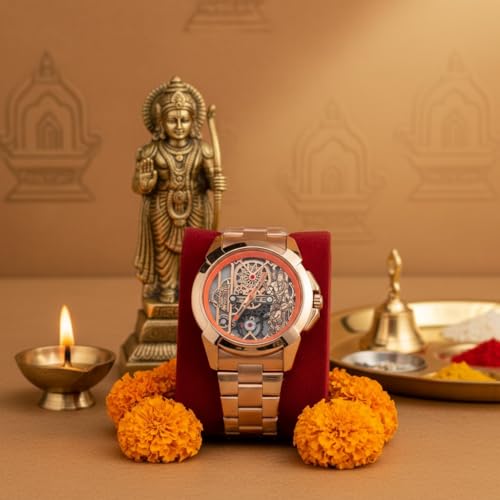 Image of Shree Ram Skeleton Watch, Ayodhya Mandir Theme, Mechanical Look Quartz, Stainless Steel Metal Bracelet, Round Dial with Deity Engraving for Man and Boyes