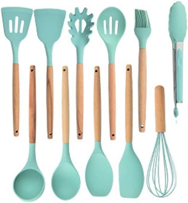 Cooking Non-Stick Pan with Wooden Handle Silicone Kitchenware Set Silicone Kitchen Utensils Shovel Spoon Set