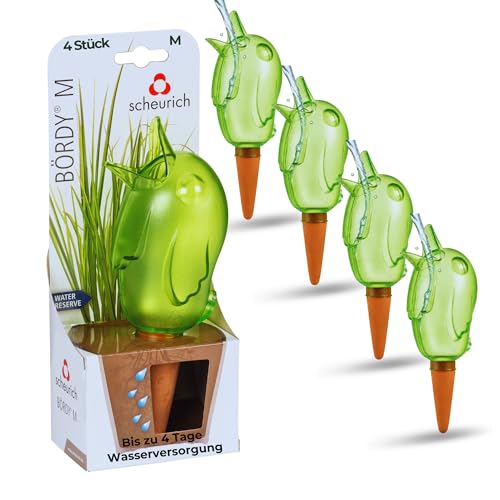 Scheurich Wasserspender Bördy M | 4 x Grün | 220ml Füllmenge | Bewässerungskugeln klein mit Ton Fuß | Wasserspender Pflanzen und Blumen Terrakotta Stiel
