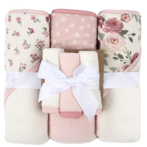 Image of Hooded Baby Bath Towel and Washcloth 6 Piece Set for Newborns, Infants & Toddlers, Boys & Girls Baby Hooded Towels Set (Roses & Blossoms)