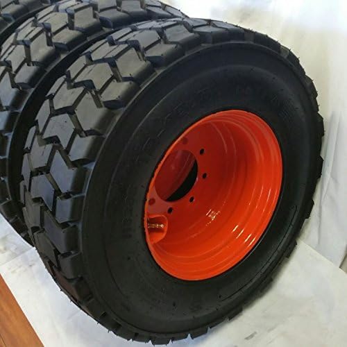 Set of Four (4) 12-16.5 ROAD CREW SKS-4 12 PLY Skid Steer Loader Tire with Orange Color Rims mounted, SKS-4