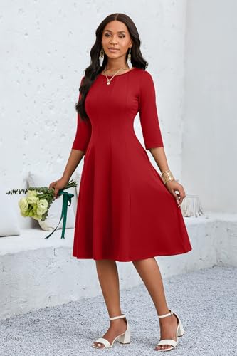 Image of CLOCOR Casual Midi Dresses for Women A-Line Fit and Flare Elegant Church 3 /4 Sleeve Crew Neck Dress with Pocket