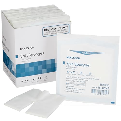 McKesson High Absorbency Split Gauze Sponges 4x4 Inch (50 Sponges 25 Packs of 2) - 6-Ply Sterile Tracheostomy & Tube Dressings Pre-Cut Slit for Drainage & Catheters 2 per Pack