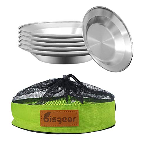 bisgear Camping Stainless Steel 8.5 inch Kitchen Dinner Plate Pack of 6 Mess kit Outdoor Dinnerware Set BPA Free Round Plates for Backpacking, Hiking, Picnic & BBQ (6pcs)