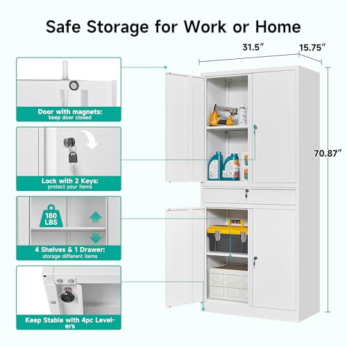 Image of SISESOL White Metal Storage Cabinet with Drawer and Locks,Garage Storage Cabinet with Locking Doors and Adjustable Shelves,71 inch Tall Large Metal Cabinets with Magnetic Door for Home,Office,Garage
