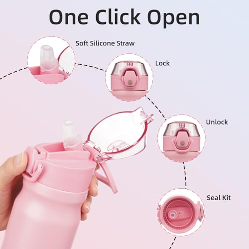 Image of BJPKPK 14 oz Insulated Water Bottle, Straw, Handle, Stainless Steel Flask | Leak Proof Locking Lid, Double Wall Vacuum, Keeps Hot /Cold, BPA Free, Dishwasher Safe, Travel & Sports, Light Pink