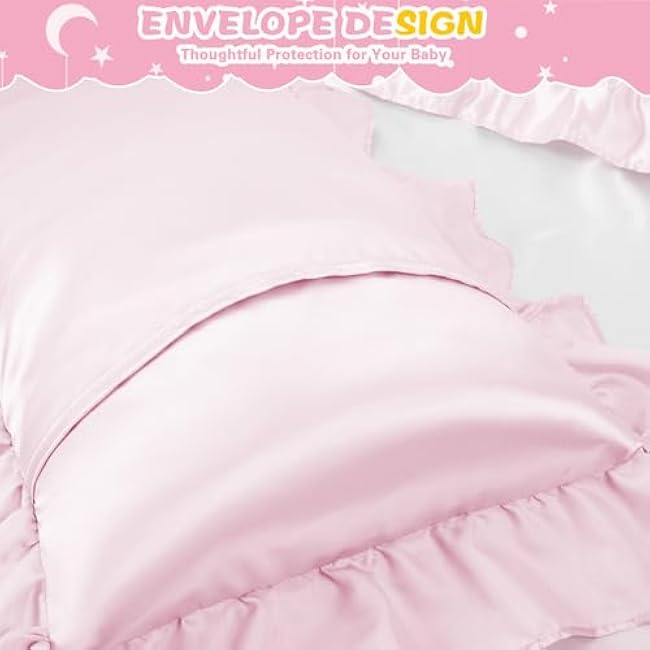 Entisn Ruffle Satin Toddler Pillowcase Set of 2, 13 x 18 Inch Toddler Silky Pillow Covers with Envelope Closure, Anti Wrinkle Soft Travel Pillow Case Nursery Pillow Sham for Girls, Boys (Baby Pink)